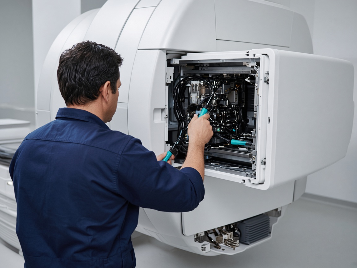 Técnico realizando mantención de un acelerador lineal