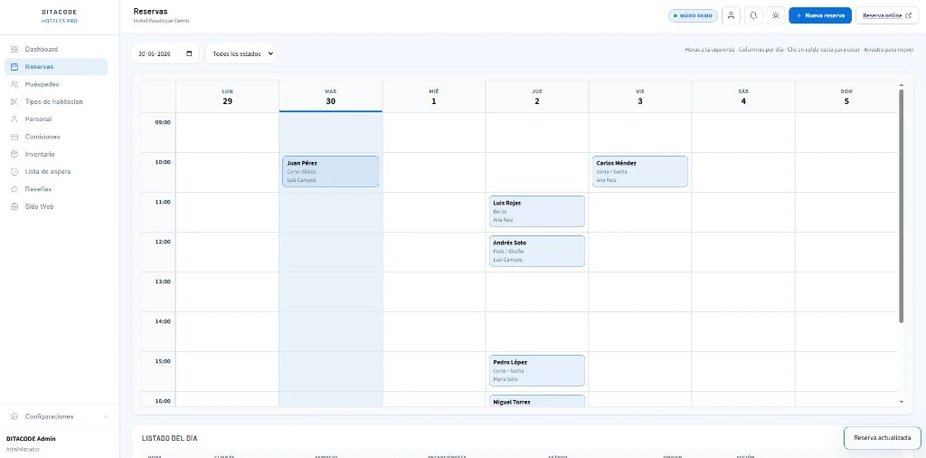 Calendario de reservas — PMS Hoteles DITACODE